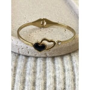 Gold Tone Black Enamel Double Heart Hinged Bangle Bracelet Rhinestone Accent